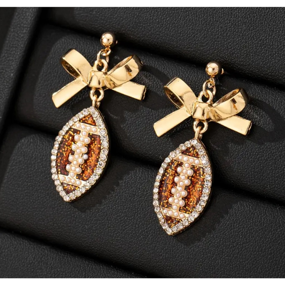 Rhinestone Pearl Football Bow Drop Earrings
